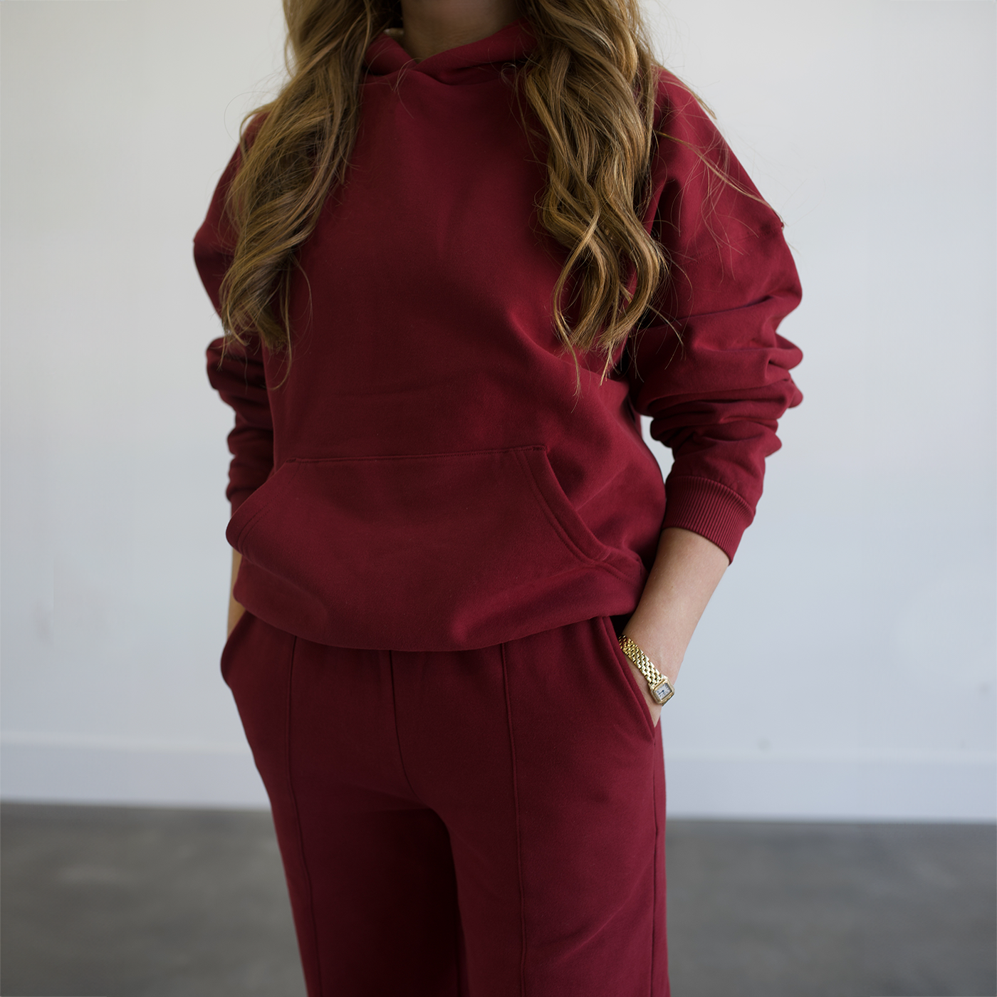 EMERSON Maroon Fleece Wide Leg Pant - LONG